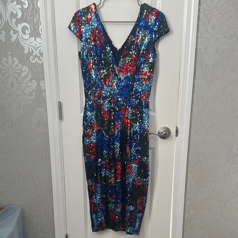 Dress the Population Red Sheath Midi Dress V-Neck Flutter Sleeves